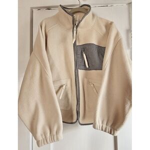 NWT URBAN Daizy full zip teddy fleece ivory plaid trim JACKET women's S oversize